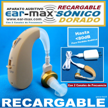 EAR-MAX® SÓNICO DORADO RECARGABLE Aparato Auditivo Con 2 Canales de Frecuencia - Estilo Curveta