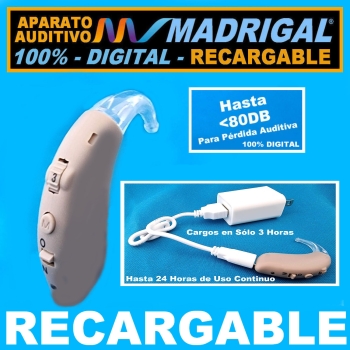 Aparato Auditivo MADRIGAL® RECARGABLE - 100% DIGITAL Con 4 Canales de Frecuencia -Estilo Curveta