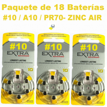 Paquete de 18 - Pilas Baterías #10 / A10 / PR70  Zinc Air Tipo Botón Para Auditivos Aparatos Para Sordera