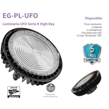 Luminaria UFO Led Industrial de 100W incluye Drive de 100-220VAC IP65 Luz Blanca 5500K 16000Lm Mca Energain