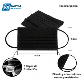 CUBREBOCA PLISADO TERMOSELLADO DE 3 CAPAS NEGRO UNIDAD C/50 PZ.