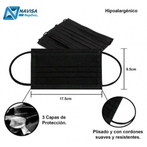 CUBREBOCA PLISADO TERMOSELLADO DE 3 CAPAS NEGRO UNIDAD C/50 PZ.